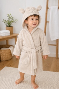 Halat baie copii crem cu gluga ursulet, 100% bumbac