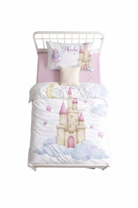 Lenjerie patut bebe fetite 3 piese bumbac 100% set patut copii cu husa pilota, cearsaf, fata perna castel - Img 2