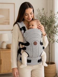 Marsupiu ergonomic bebe gri maro 4-12 Kg, reglabil, port bebe confortabil