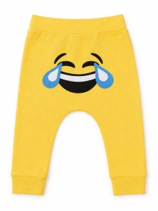 Pantaloni bebe galbeni bumbac imprimeu emoji ras confortabili - Img 4