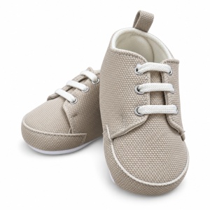 Pantofiori bebe bej din material textil cu sireturi si talpa moale