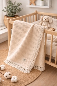 Paturica bebe 110x100 cm bumbac moale cu franjuri culoare crem