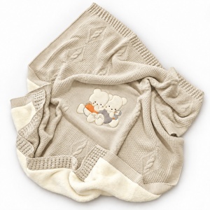 Paturica bebe tricotata crem imblanita pe interior model ursuleti 85x95 cm - Img 3