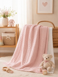 Paturica bebe tricotata roz, imblanita, 85x100 cm, premium pentru sezon rece