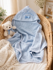 Prosop bebe cu gluga bumbac moale albastru, prosop baie nou nascut absorbant