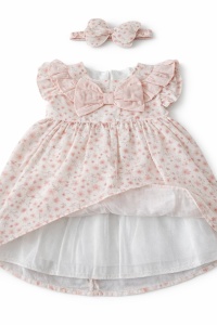 Rochie bebe fetite cu bentita, rochita roz eleganta cu fundita - Img 3