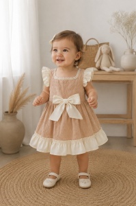 Rochita bebe fetita bej din bumbac cu fundita crem si broderie eleganta