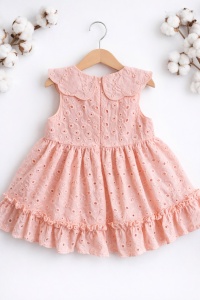 Rochita bebe fetita roz pudra din bumbac cu broderie englezeasca si fundita eleganta - Img 3