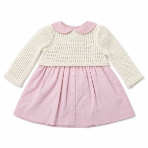 Rochita eleganta fetite din bumbac cu bolero tricotat si flori aplicate, roz - Img 4