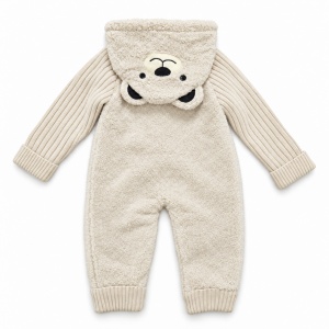 Salopeta bebe captusita cu bumbac, maneci din lana naturala, gluga ursulet, crem - Img 3