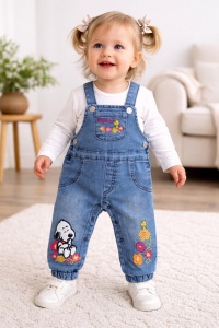 Salopeta bebe denim cu bluza bumbac set 2 piese cu imprimeu colorat casual