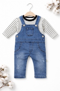 Salopeta bebe din denim cu tricou bumbac set casual copii stil modern - Img 2