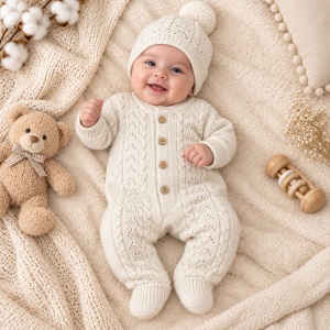 salopeta bebe din lana naturala crem cu torsade si caciulita cu pompon