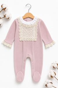 Salopeta bebe fetita 100% bumbac cu bentita, roz pudrat, dantela eleganta - Img 2