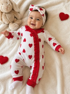 Salopeta bebe fetita alba cu inimioare rosii si volanase decorative si bentita