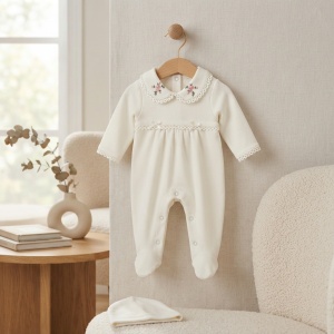 Salopeta bebe fetita din bumbac cu botosei, caciulita si guler brodat floral, crem