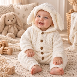 Salopeta bebe tricotata ivory imblanita cu gluga si urechiuse