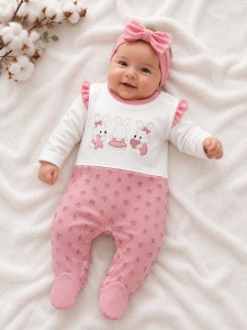 Salopeta bebelusi din bumbac cu bentita, costum roz cu iepurasi pentru fetite