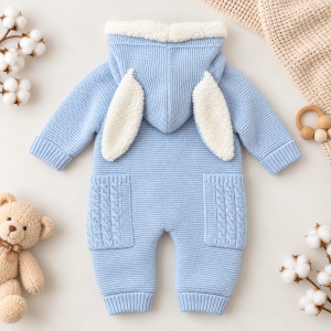 Salopeta premium pentru iarna bebe albastru tricotat cu interior imblanit, gluga cu urechiuse si buzunare decorative, prezentare in decor