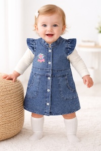 Sarafan denim bebe fetita cu bluza alba si broderie florala