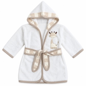Set baie bebe 4 piese din bumbac, halat cu gluga, prosop, manusa si papucei, model girafa, crem-bej - Img 5