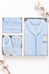 Set baie bebe 5 piese, halat cu gluga, prosop, manusa si papuci, albastru, Tiny Captain - Img 2