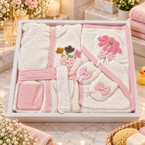 Set baie bebe fetita 4 piese din bumbac, halat cu gluga, prosop, manusa si papuci, flori, alb-roz - Img 3
