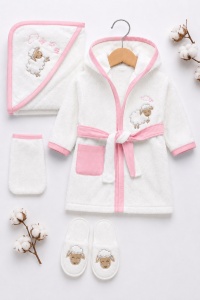 Set baie copii 4 piese alb roz cu oita, halat, prosop si papuci, 100% bumbac - Img 3