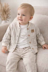 Set baieti 3 piese din in jacheta usoara tricou si pantaloni bej