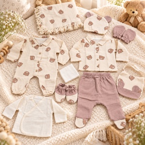 Set bebe 10 piese din muselina, imprimeu ursuleti, crem si maro