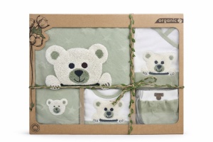 Set bebe 10 piese ursulet verde body pantaloni paturica caciulita cadou, fotografie de produs pe fundal alb