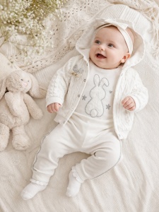 Set bebe 3 piese bumbac alb cu iepuras, body pantaloni hanorac
