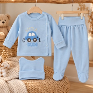 Set bebe 3 piese din bumbac cu bluza, pantaloni cu botosei si caciulita bleu - Img 2