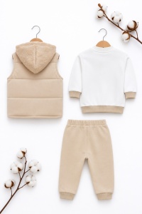 Set bebe 3 piese din bumbac cu vesta groasa, bluza si pantaloni crem pentru fetite - Img 3