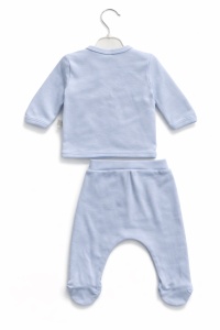 Set bebe 5 piese albastru pastel bumbac bluza pantaloni caciula bavetica - Img 3