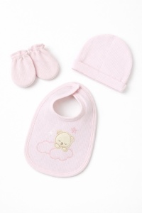 Set bebe 5 piese bumbac roz cu pantaloni, bluza, caciulita, bavetica si manusi - Img 3