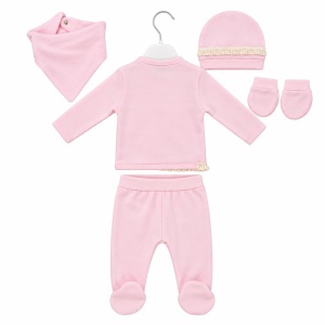 Set bebe 5 piese bumbac roz, fundita si dantela, pantaloni cu botosei integrati - Img 4