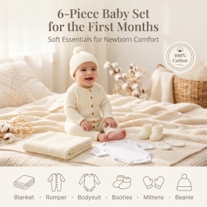 Set bebe 6 piese lana naturala ivory, salopeta, body, paturica, caciula, manusi si botosei - Img 6