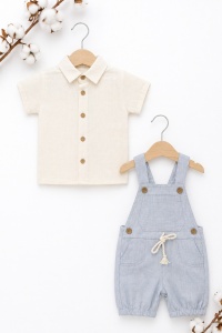 Set bebe baiat 2 piese camasa si salopeta cu bretele culoare bleu deschis - Img 3