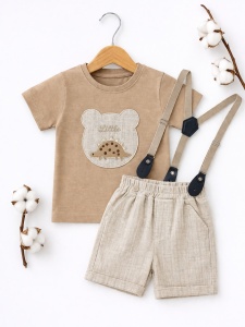 Set bebe baiat 2 piese cu bretele – tricou imprimeu urs si pantaloni scurti eleganti - Img 2