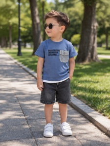 Set bebe baiat 2 piese tricou albastru cu imprimeu si pantaloni scurti denim negri