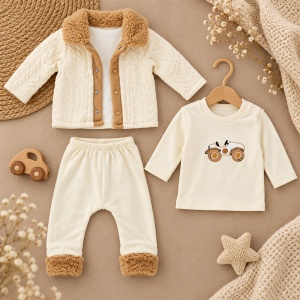 Set bebe baiat 3 piese bumbac, jacheta crem, bluza cu motocicleta si pantaloni - Img 2