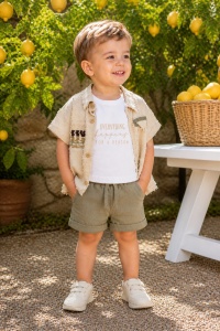 Set bebe baiat 3 piese camasa bej texturata tricou si pantaloni scurti verzi vara