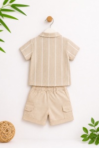 Set bebe baiat 3 piese camasa bej tricou imprimeu si pantaloni scurti vara - Img 4