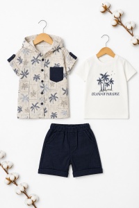 Set bebe baiat 3 piese camasa cu gluga palmieri tricou si pantaloni scurti vara - Img 6