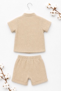 Set bebe baiat 3 piese camasa muselina tricou bumbac si pantaloni bej elegant vara - Img 4