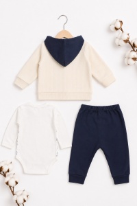 Set bebe baiat 3 piese cu hanorac – body imprimeu urs si pantaloni bleumarin - Img 4