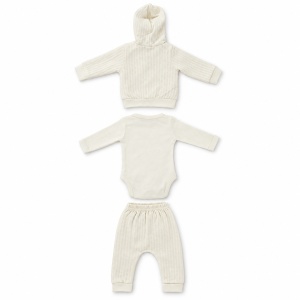 Set bebe baiat 3 piese din bumbac crem cu hanorac body si pantaloni model leu - Img 5