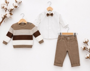 Set bebe baiat 3 piese elegant camasa papion pulover si pantaloni casual - Img 2
