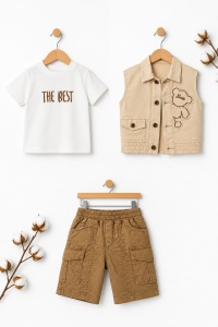 Set bebe baiat 3 piese tricou vesta blug si pantaloni scurti denim casual, fotografie de produs pe fundal alb